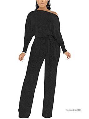 Sexy One Shoulder Sequin Jumpsuit Plus Size Wide Leg Romper with Belt